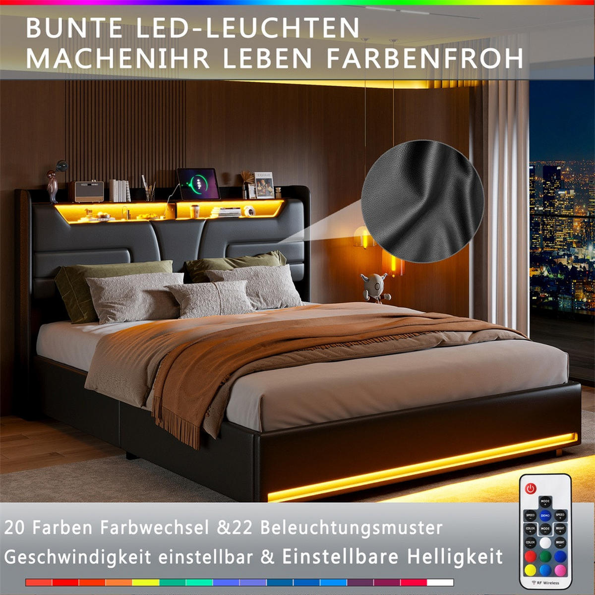 POLSTERBETT 140x190cm mit Hydraulischem Stauraum - RGB-LED-Beleuchtung - Ladefunktion am Kopfteil - ohne Matratze - Schwarz - Schwarz, Leder (140/190cm) - DELFA