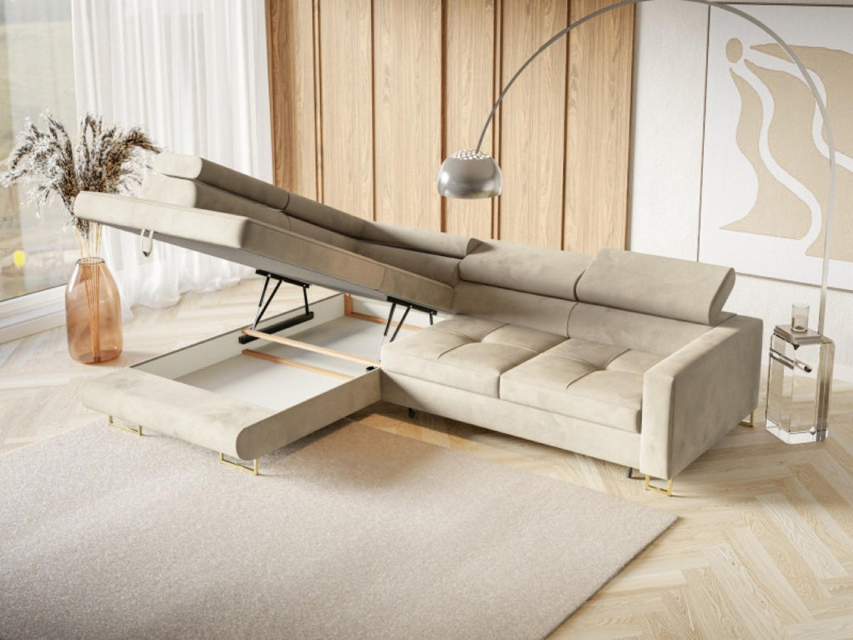 ECKSOFA Gold MERY Mit Verstellbaren Kopfstützen Links - Ecru/Goldfarben, Textil (250/200cm) - Sepro Meble