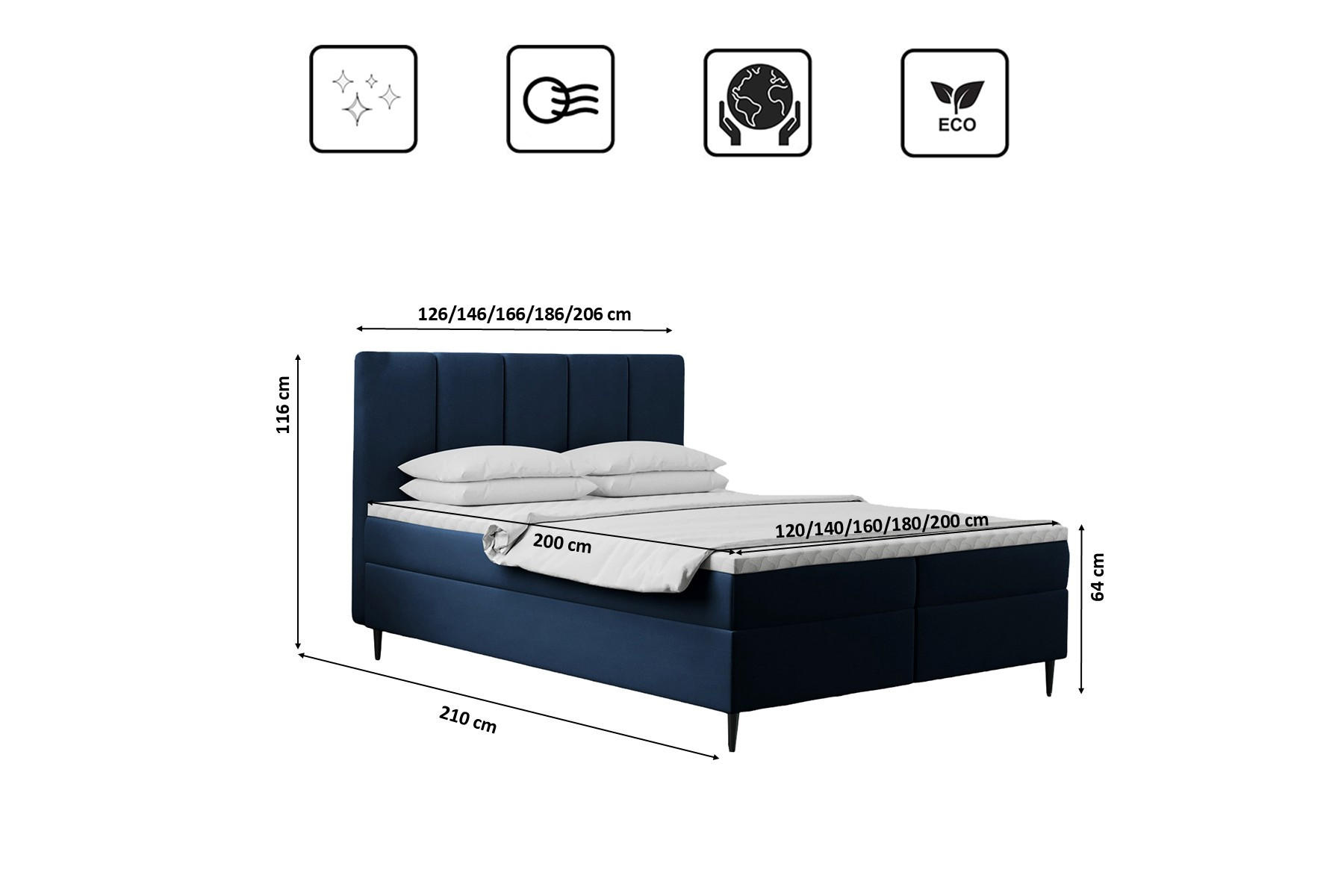 Thumbnail - Kaiser Möbel Boxbett, Dunkelblau, Textil, H3, Höhe ca. 20 cm, einzeln stellbar, eckig, 140x200 cm, Schlafzimmer, Betten,...