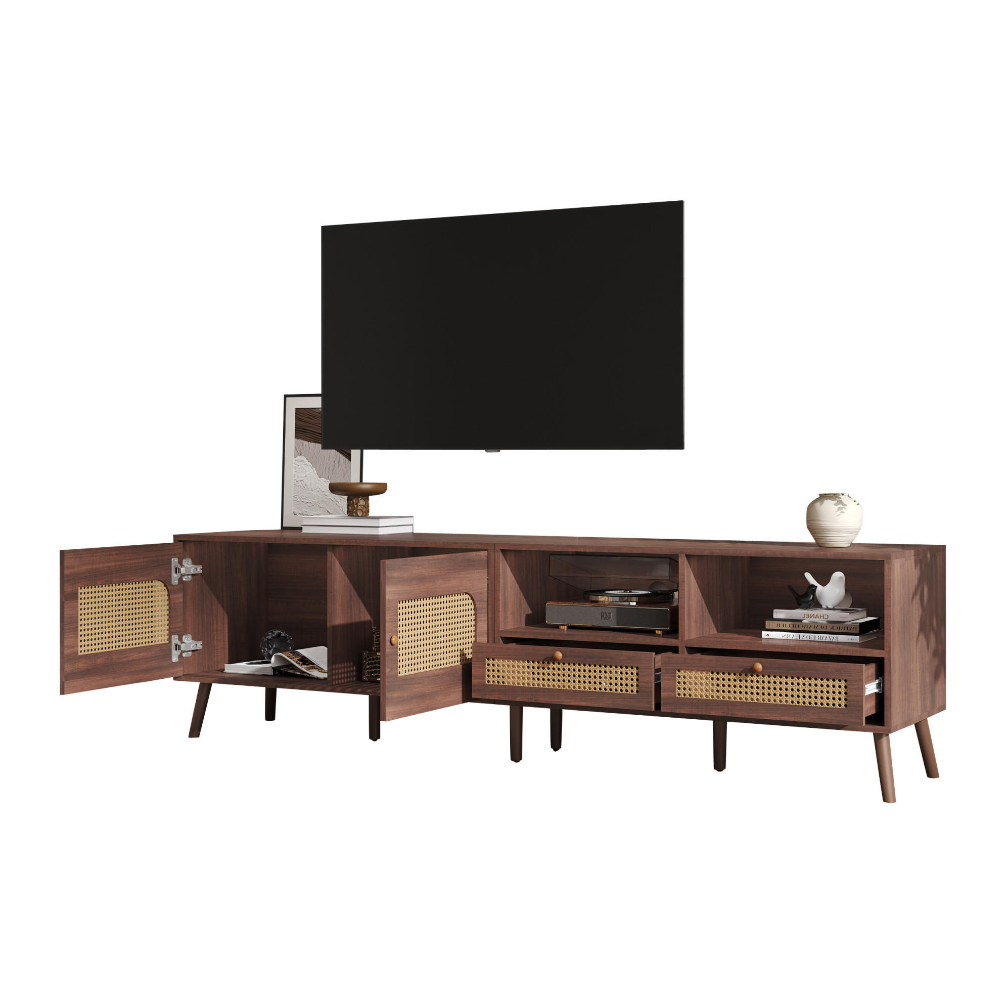 TV ormarić od iverice 200x37x49,5 cm smeđa s vratima od ratana, 2 ladice i 8 nogu - smeđa, drvni materijal (200/49.5/37cm) - Modfu