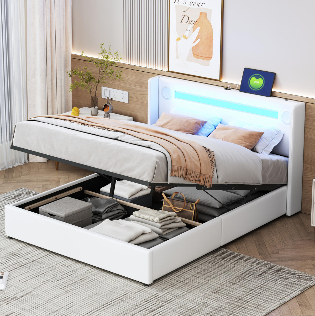 POLSTERBETT 140/200 cm Weiß mit LED-Beleuchtung und Bluetooth-Player - Weiß, Kunststoff (140/200cm) - OKWISH