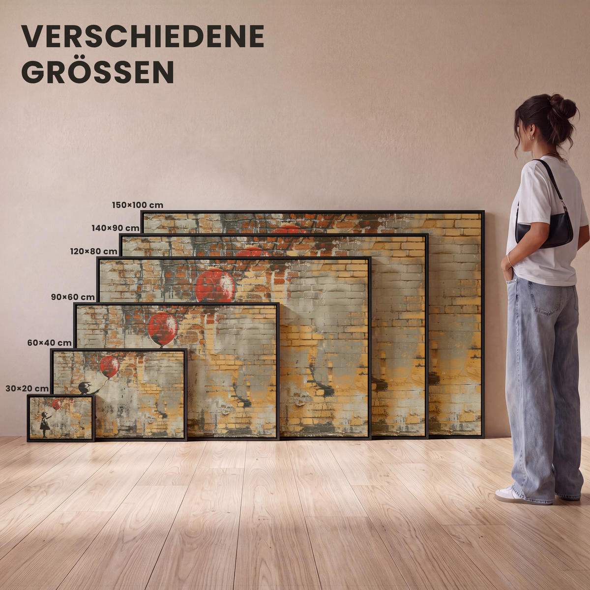 LEINWAND Bilder mit Rahmen - Graffiti - Banksy - Mädchen - Straßenkunst - 60x40 - Sandfarben, Textil (60/40cm) - MuchoWow