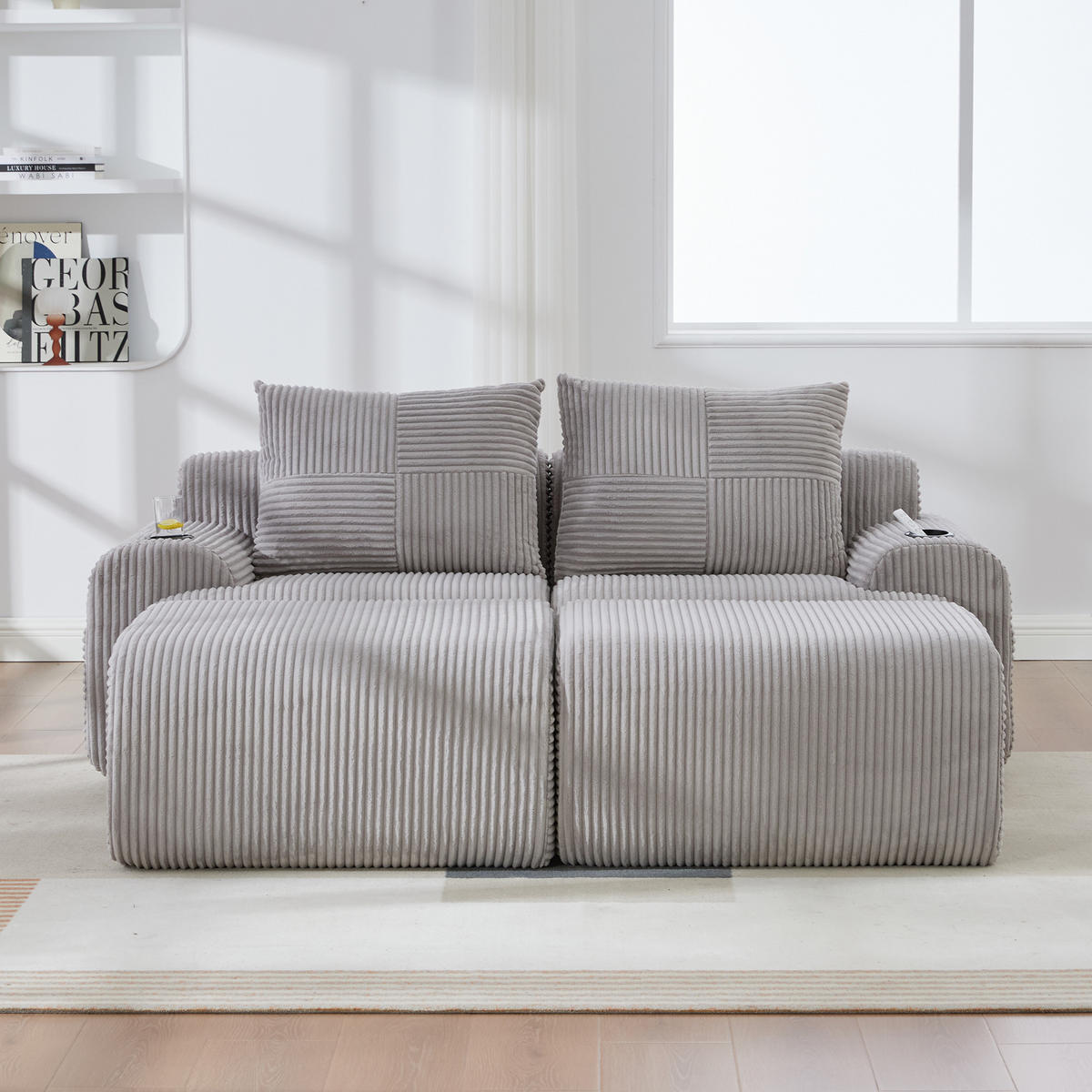 MODULARES 2-Sitzer Sofa Cord mit Getränkehalter und Seitentasche 200/174/80 cm Hellgrau - Hellgrau, Textil (174/80/200cm) - Redom
