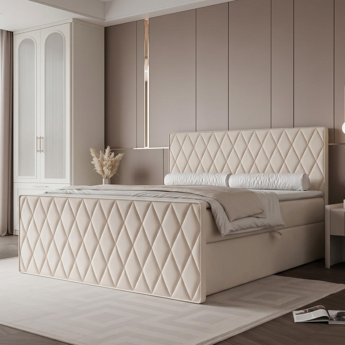BOXBETT PONTI III 140x200 cm Cremeweiß (Samt) - mit 2 Bettkästen, Bonellmatratze und Rautensteppung - Creme, Holzwerkstoff/Textil (140/200cm) - Ravio