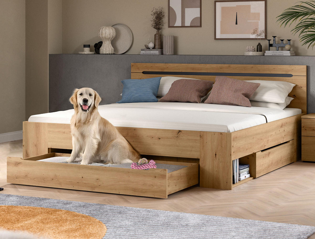 BETT Eiche, grau Liegefläche 180 x 200 cm, Doppelbett mit 3x Bettschubkasten - Eiche Artisan/Grau, Holzwerkstoff/Metall - Inn.Furn