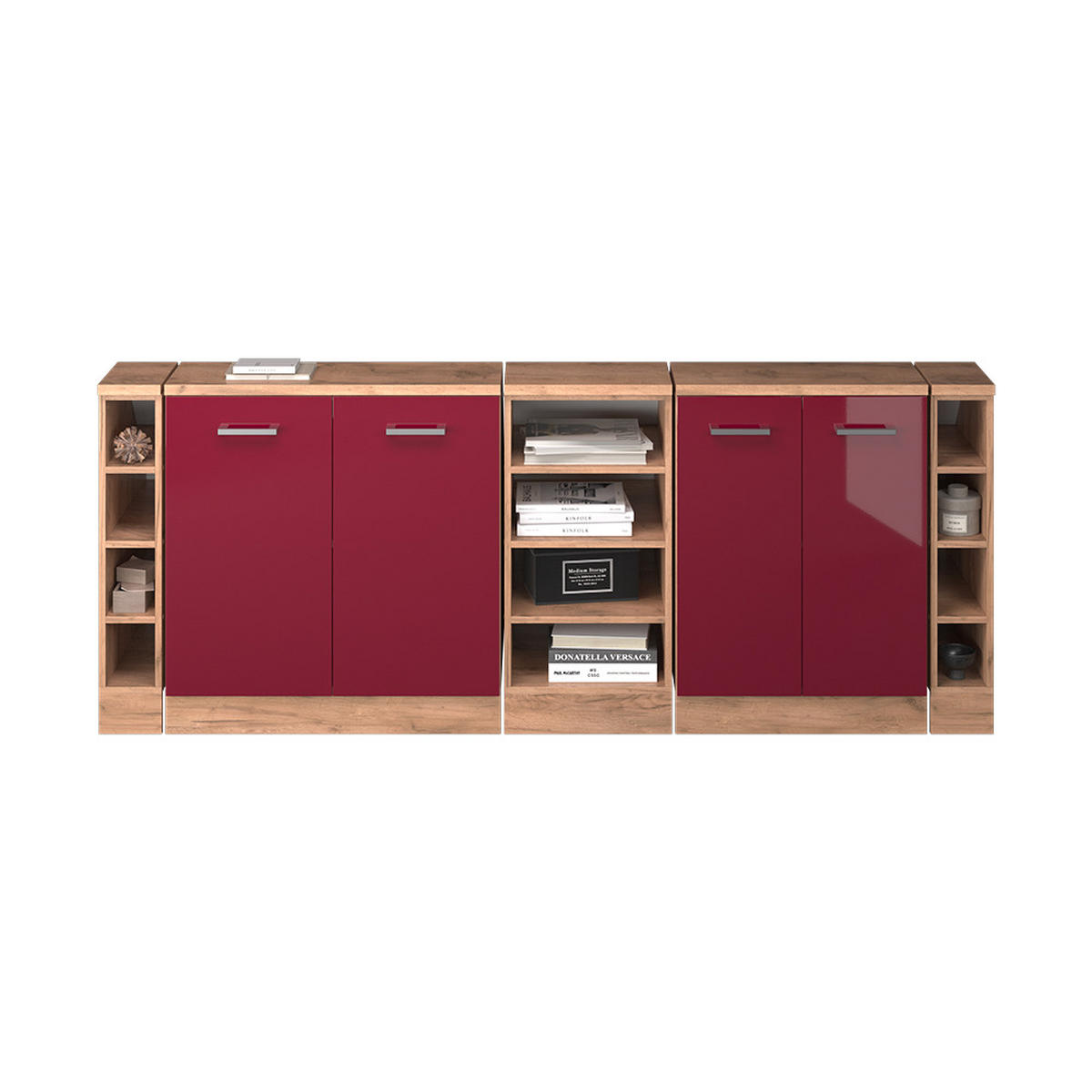 KUHINJSKI ORMAR ZA KOSINE KROVA R-Line Crveni visoki sjaj 210 cm Set od 5 ormarićnih korpusa, dubina 60 cm - hrast medunac/crvena, drvni materijal (210/83.8/60cm) - Vicco