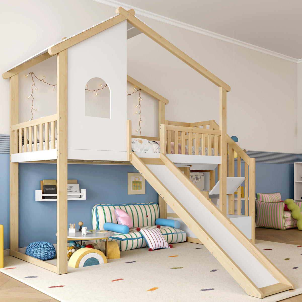 HOCHBETT 90x200cm Natur + Weiß Stauraumleiter Fenster Rutsche - Multicolor, Holz (90/200cm) - FLIEKS