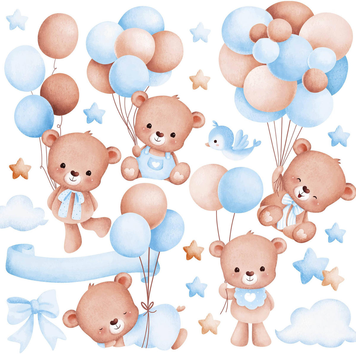 WANDSTICKER Teddybären Ballons Sterne Wolken 60x30 - Beige/Braun, Papier (60/30/1cm) - Muralo