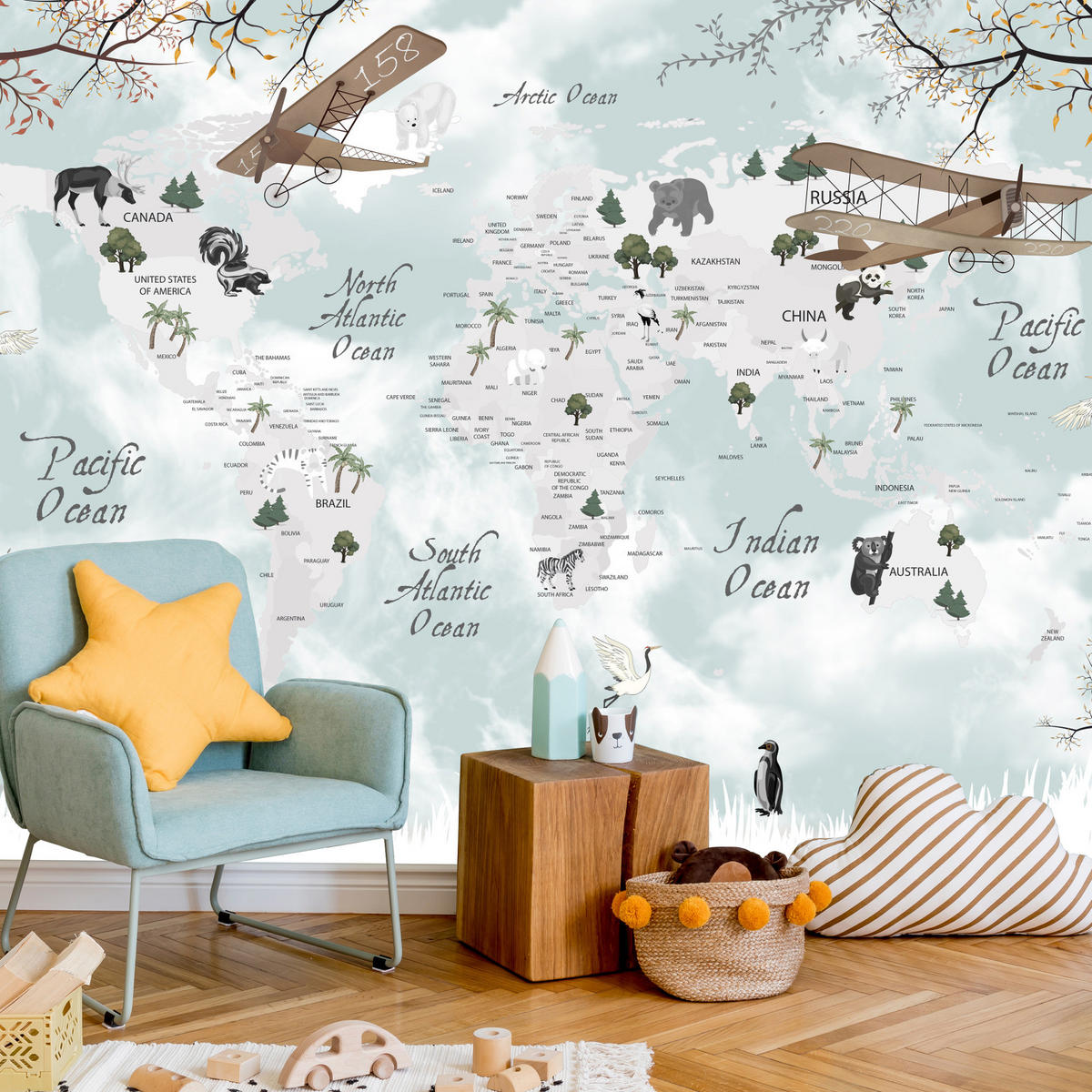 FOTOTAPETE für Kinderzimmer Weltkarte Tiere Flugzeuge Pflanzen 400x280 - Blau/Beige, Papier (400/280cm) - Muralo