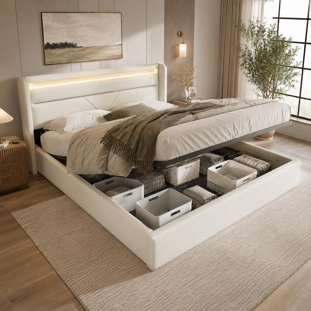 POLSTERBETT 160/200 cm in Weiß mit Bettkasten und LED Kunstleder - Weiß, Holzwerkstoff/Textil (160/200cm) - CHICFURN