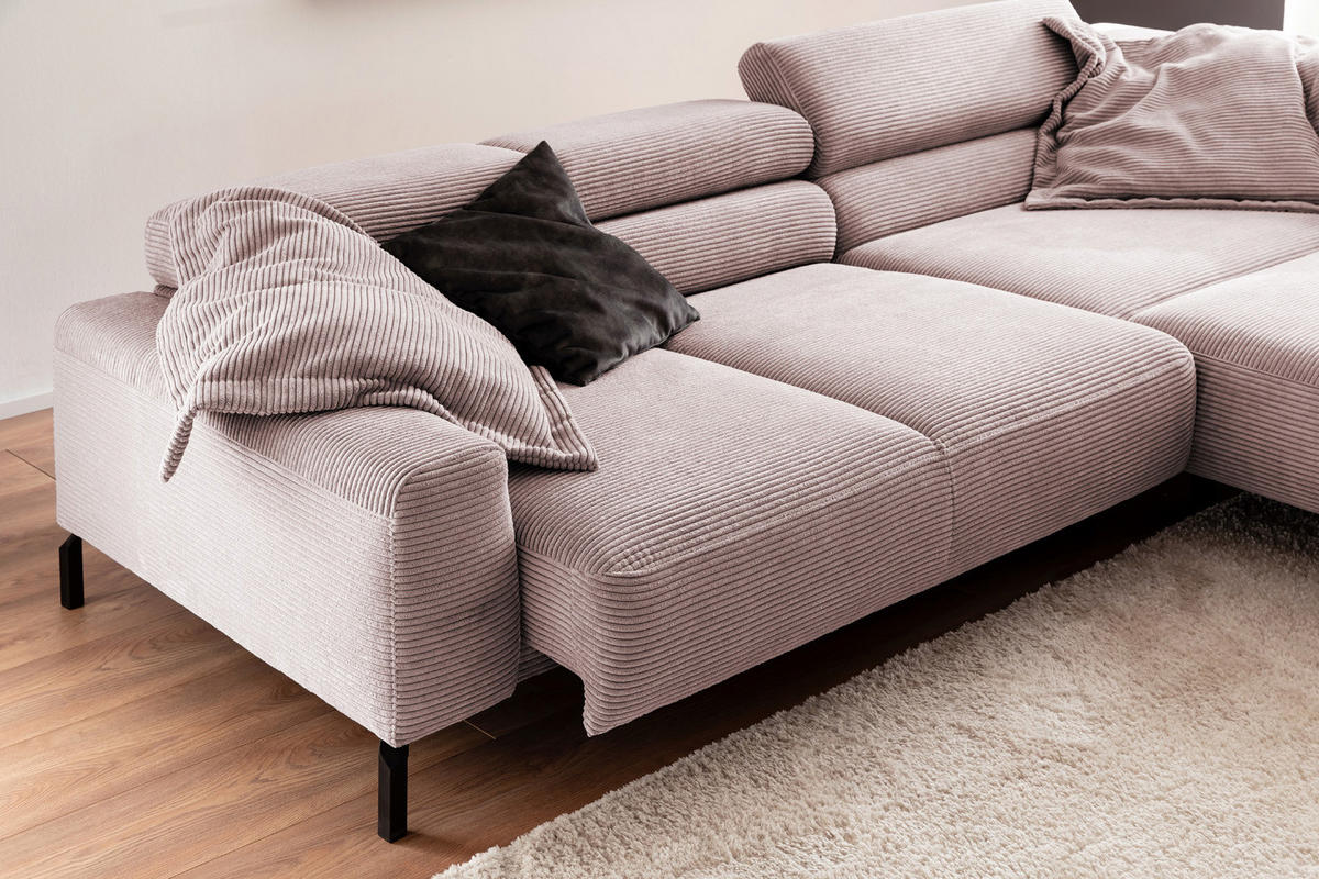ECKSOFA MIT MOTORISCHEM SITZVORZUG DELIA Pink Cord - Pink/Schwarz, Textil/Metall (312/219cm) - KAWOLA