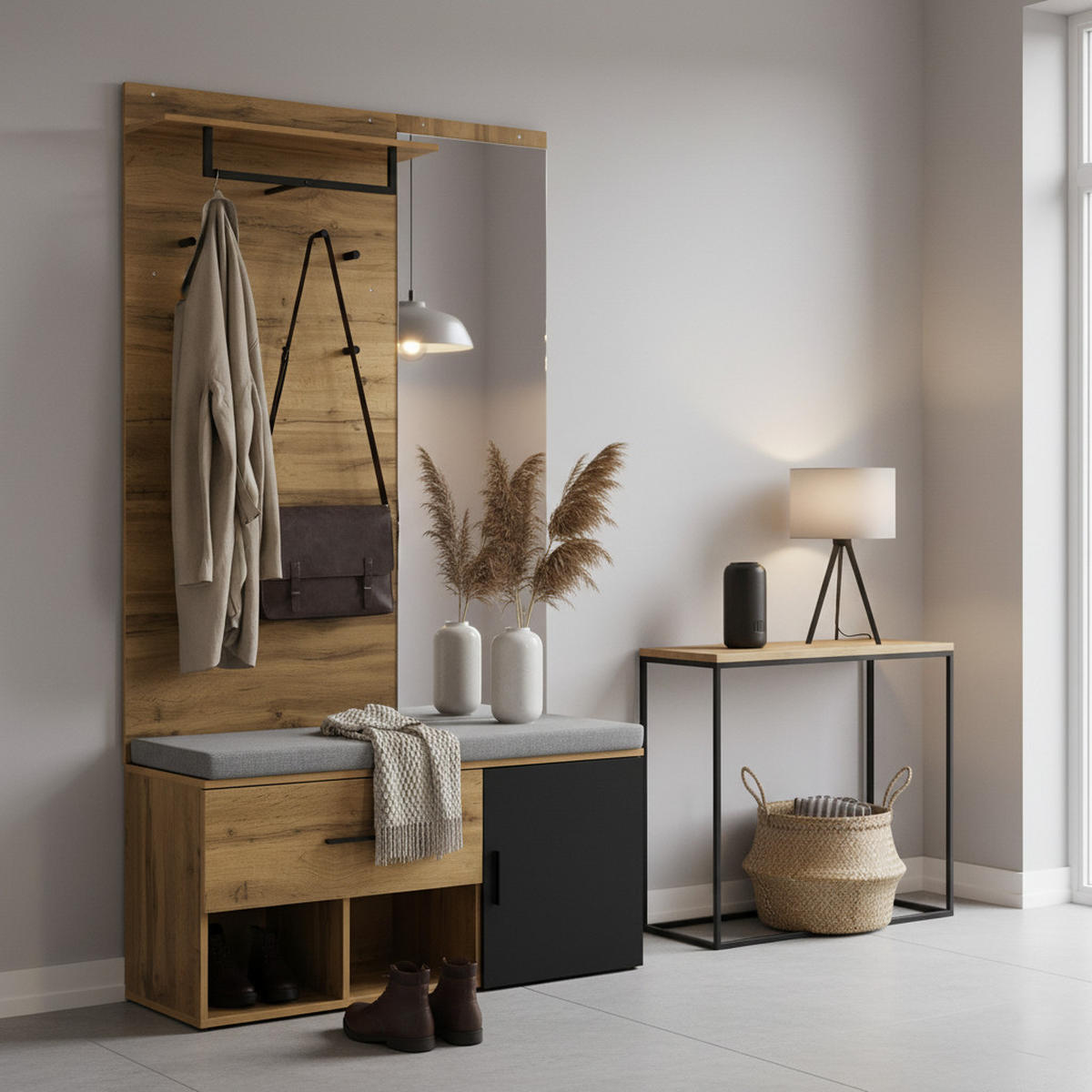 GARDEROBENSET Holzoptik Eiche mit Spiegel & Schuhbank - Eiche San Remo, Holzwerkstoff (104/190/39cm) - Urban Meuble