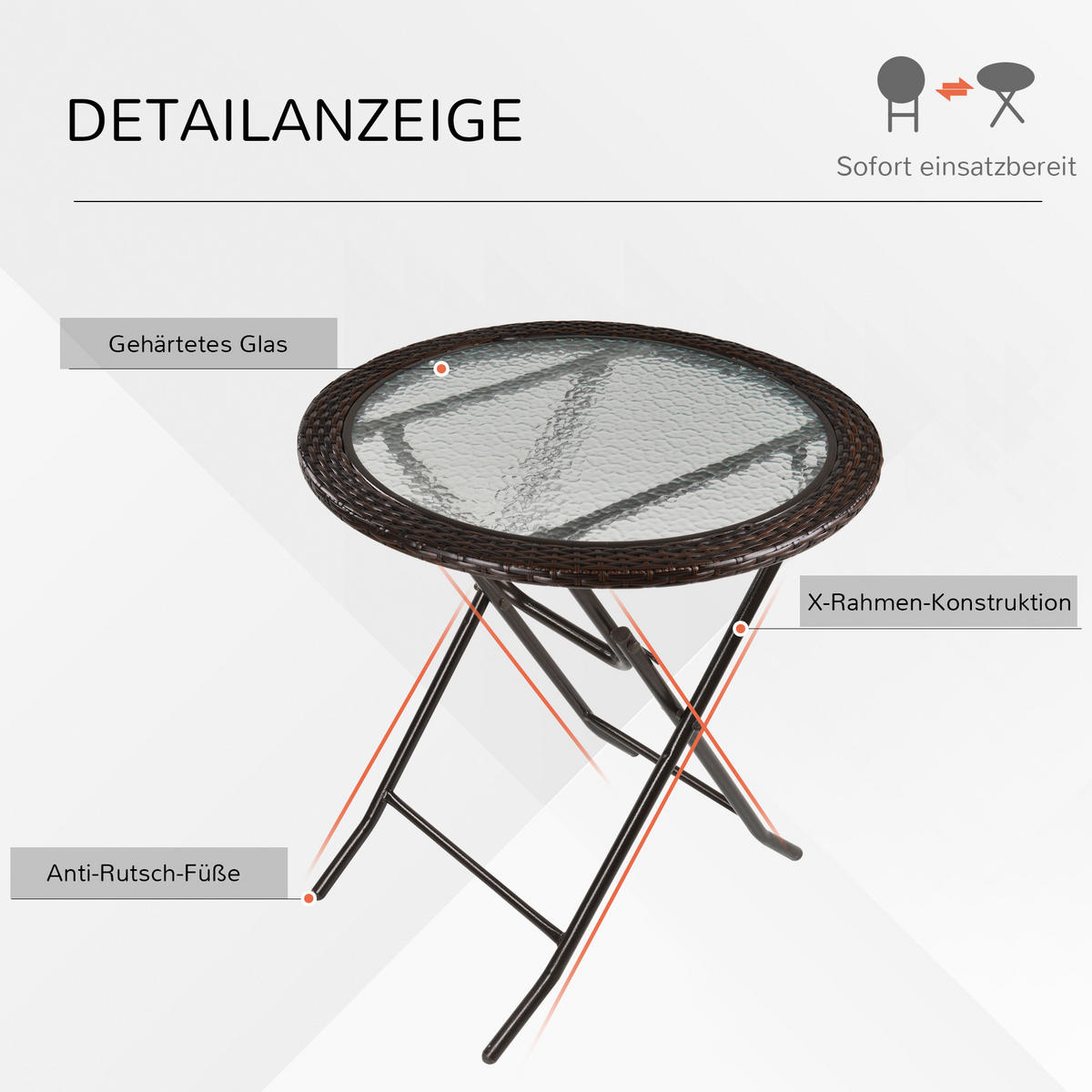 ESSTISCH, Braun, Stahl, Hartglas, PE - Braun, Kunststoff (68/68/73cm) - Outsunny
