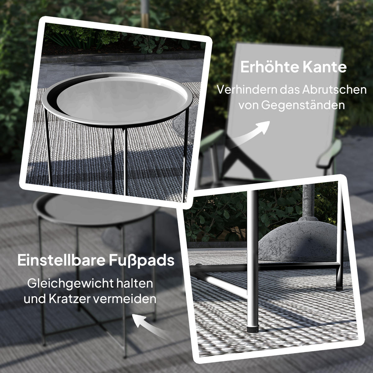 GARTENTISCH DE-07365 rund mit herausnehmbarem Tablett und klappbar Schwarz - Schwarz, Metall (46/46/53cm) - ComfortXL