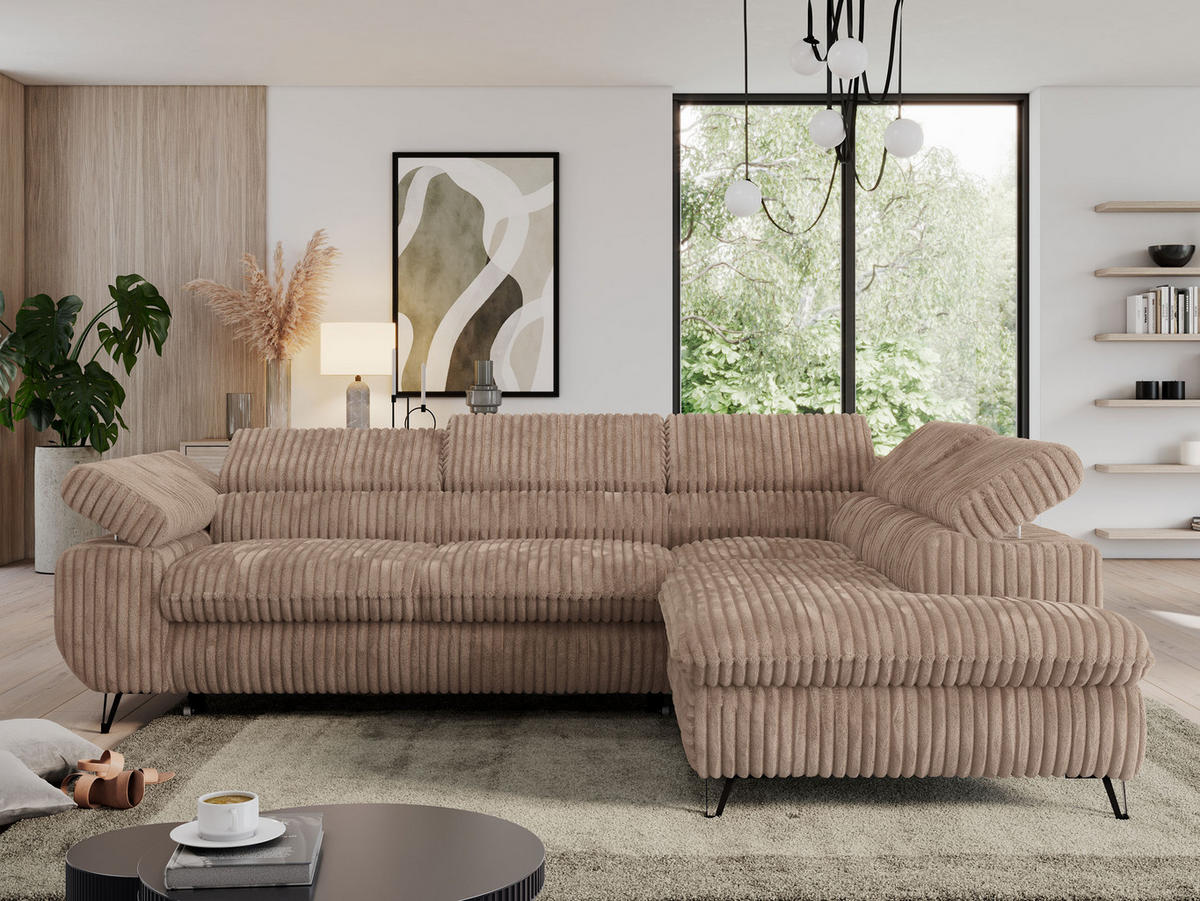 ECKSOFA PEDRO L Braun Cord - Rechts Seite - Schwarz/Braun, Textil/Metall (273/208cm) - MKS