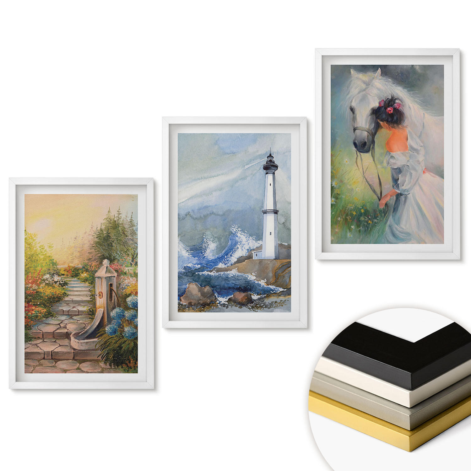 WANDBILDER 3er-Set - 40x60 cm Weißer Rahmen - Landschaft Leuchtturm Pferd Mädchen - Weiß, Kunststoff (40/60cm) - ArtPrintCave