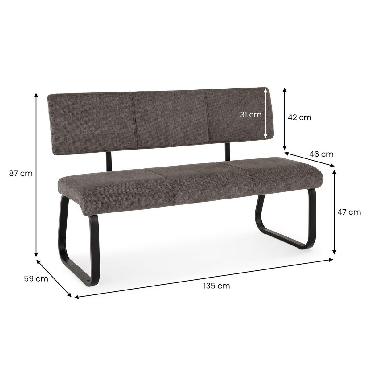 ESSZIMMERBANK VILAS schwarz, dunkelgrau - Schwarz, Textil/Metall (136/89/59cm) - IDIMEX