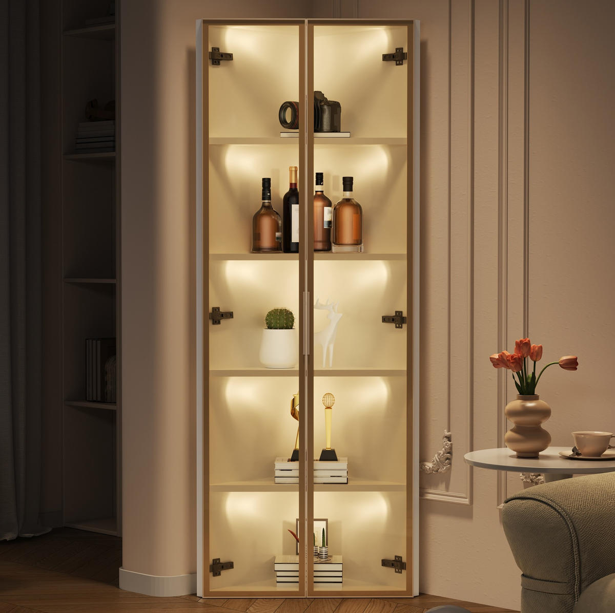 HIGHBOARD mit LED-Beleuchtung 62/35/160 cm in Weiß – Eckdesign mit Glastür - Weiß, Holzwerkstoff (62/160/35cm) - BEAOK
