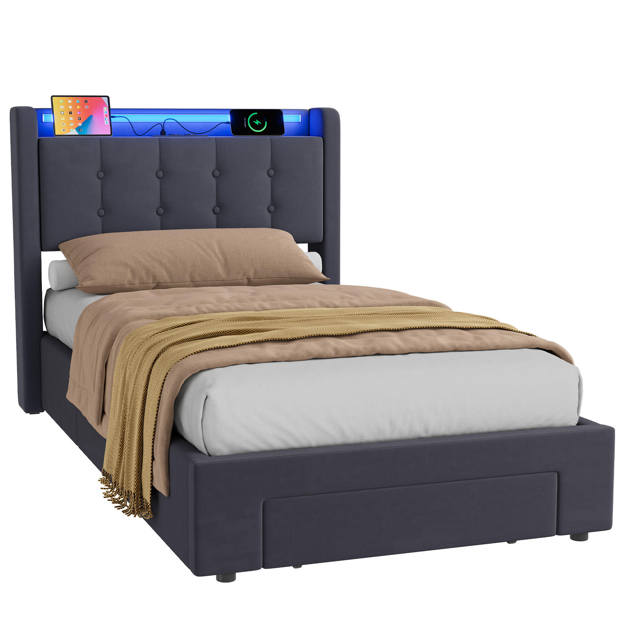 WISHDOR ČALOUNĚNÁ POSTEL 90/190 cm v šedém sametu, s úložným prostorem, USB, LED, zásuvkami a úložným prostorem, bez matrace