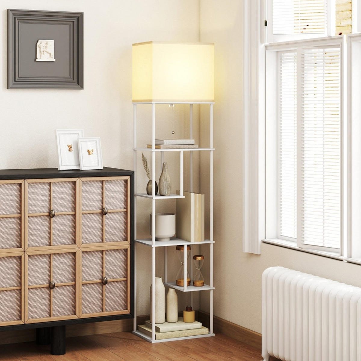 STEHLEUCHTE 1-tlg 40x29x171cm Stehlampe mit Regal Weiß-Dimmbar Fernbedienung Wohnzimmer - Weiß, Metall (40/29/171cm) - Raelunyi