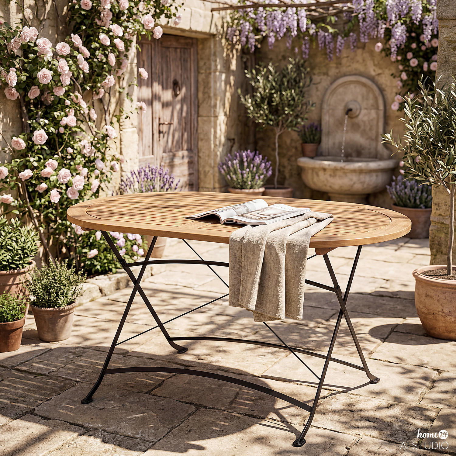 GARTENTISCH OVAL - Akazie massiv / Stahl - Braun / Schwarz - Schwarz/Braun, Holz/Metall (90/140/75cm) - home24