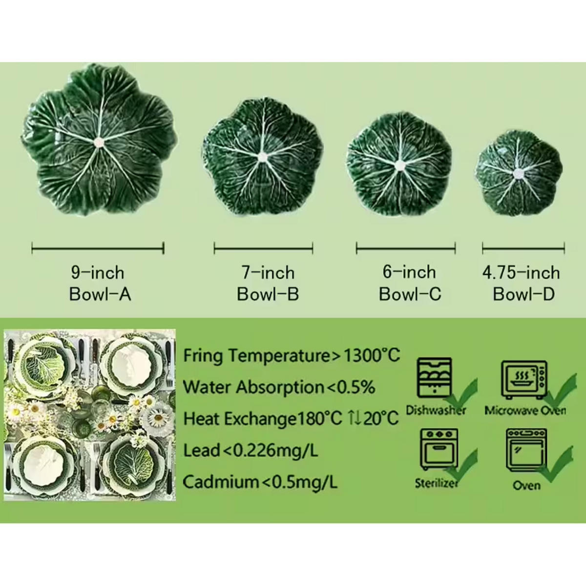 SCHALENSET 4-tlg. Keramik Blätter-Design Grün 22,9/17,8/15,2/12,1 cm - Grün, Keramik - Quality Elegance