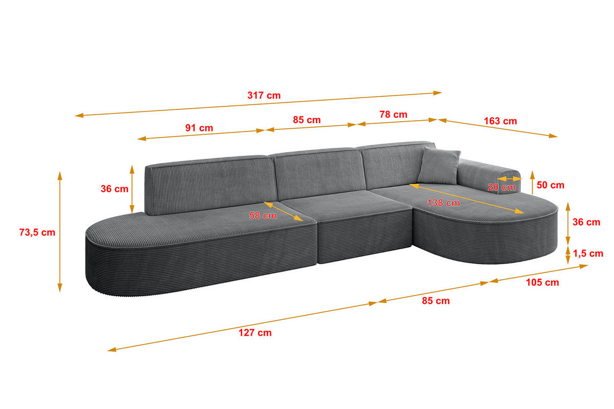 ECKSOFA Ottomane Rechts MARI-L2 - 317x163x73,5 cm Dunkelgrau Cord - Dunkelgrau/Schwarz, Holzwerkstoff/Kunststoff (317/163cm) - ALTDECOR