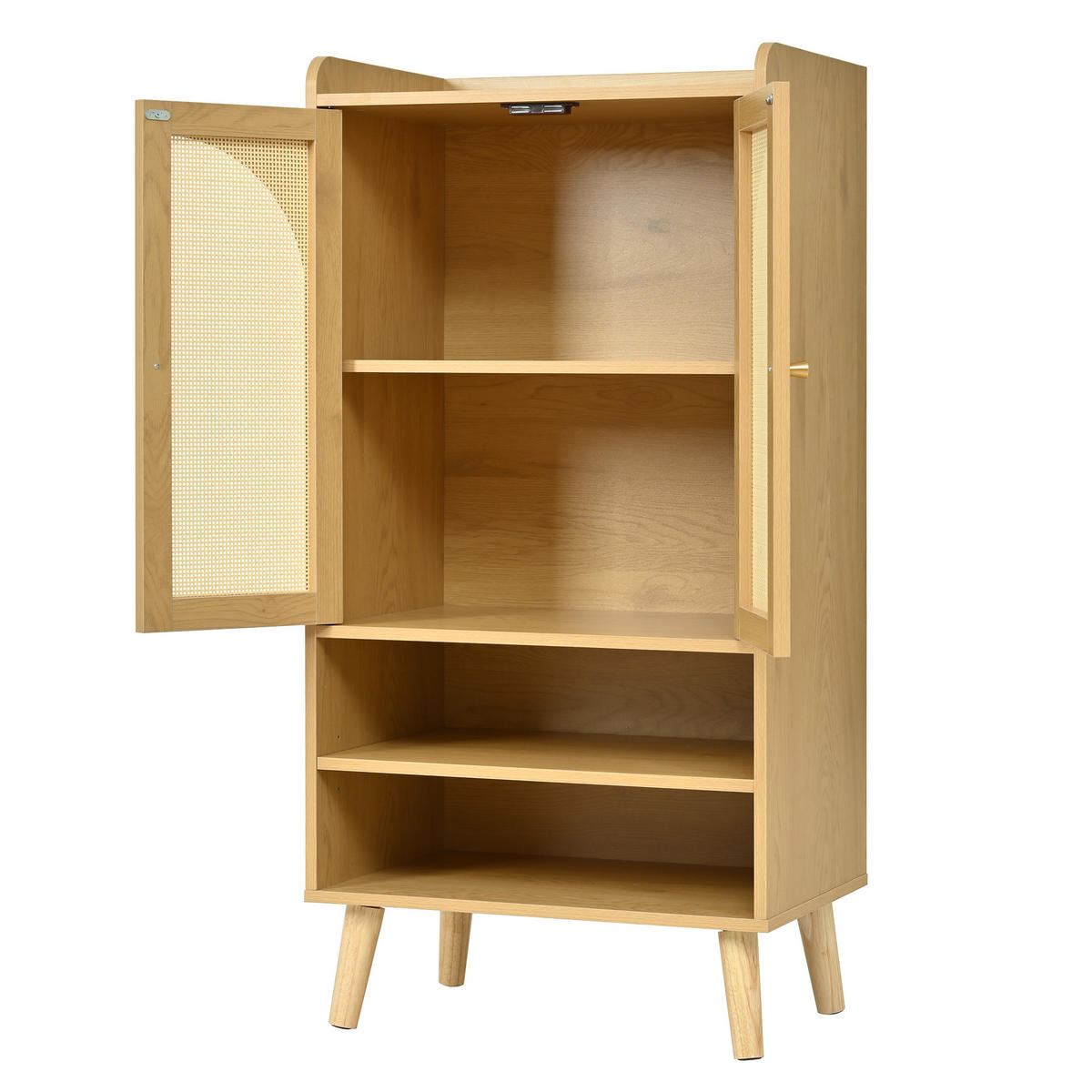 SCHUHREGAL 60 cm Naturholz mit Rattantüren mit offenen Fächern im Boho-Stil - Naturfarben, Holzwerkstoff (60/121/40cm) - Urban Meuble