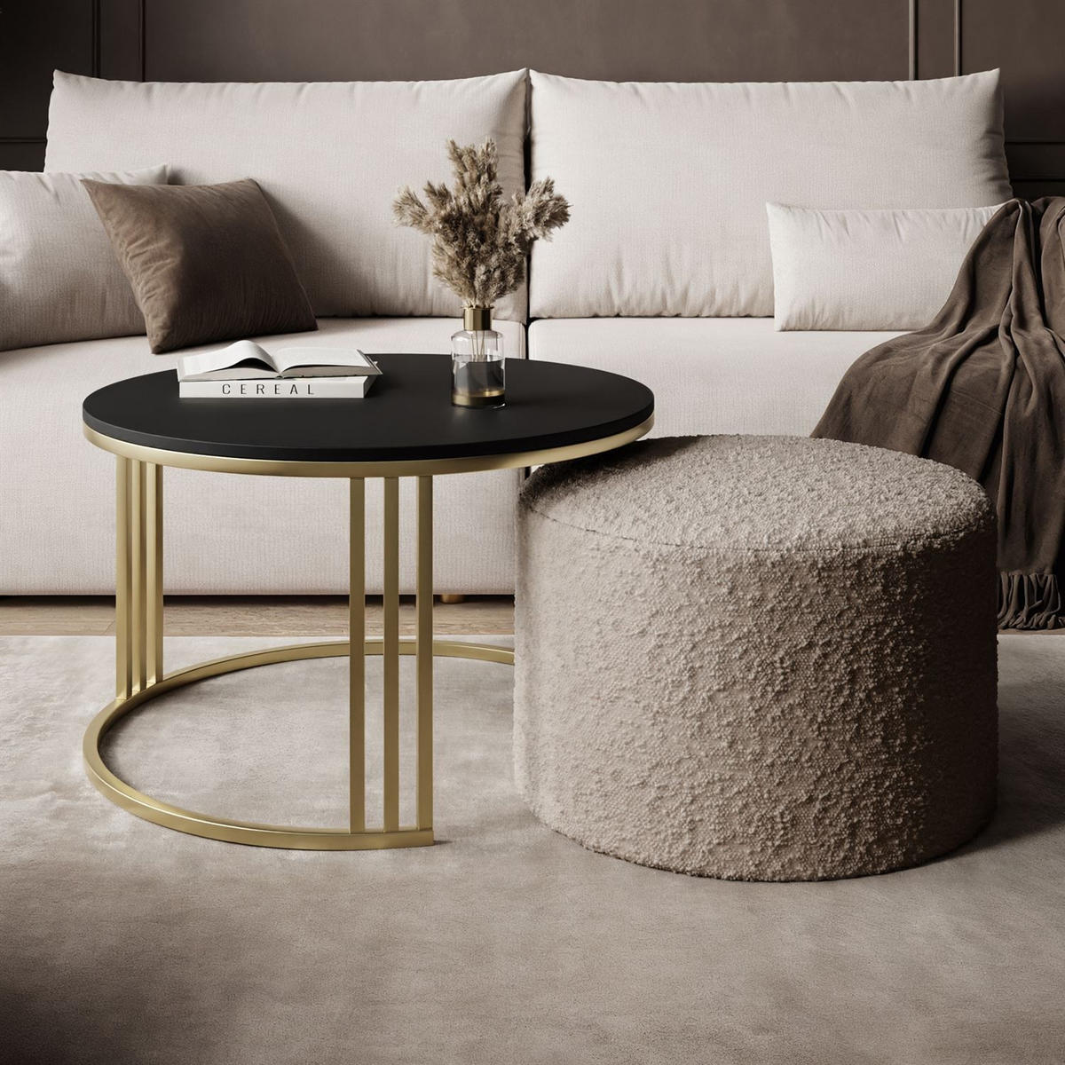 COUCHTISCH mit Hocker LORI MAT gebürstetes Gold/schwarz matt/Coral 50 - Schwarz, Metall (70/70/49cm) - Lookway