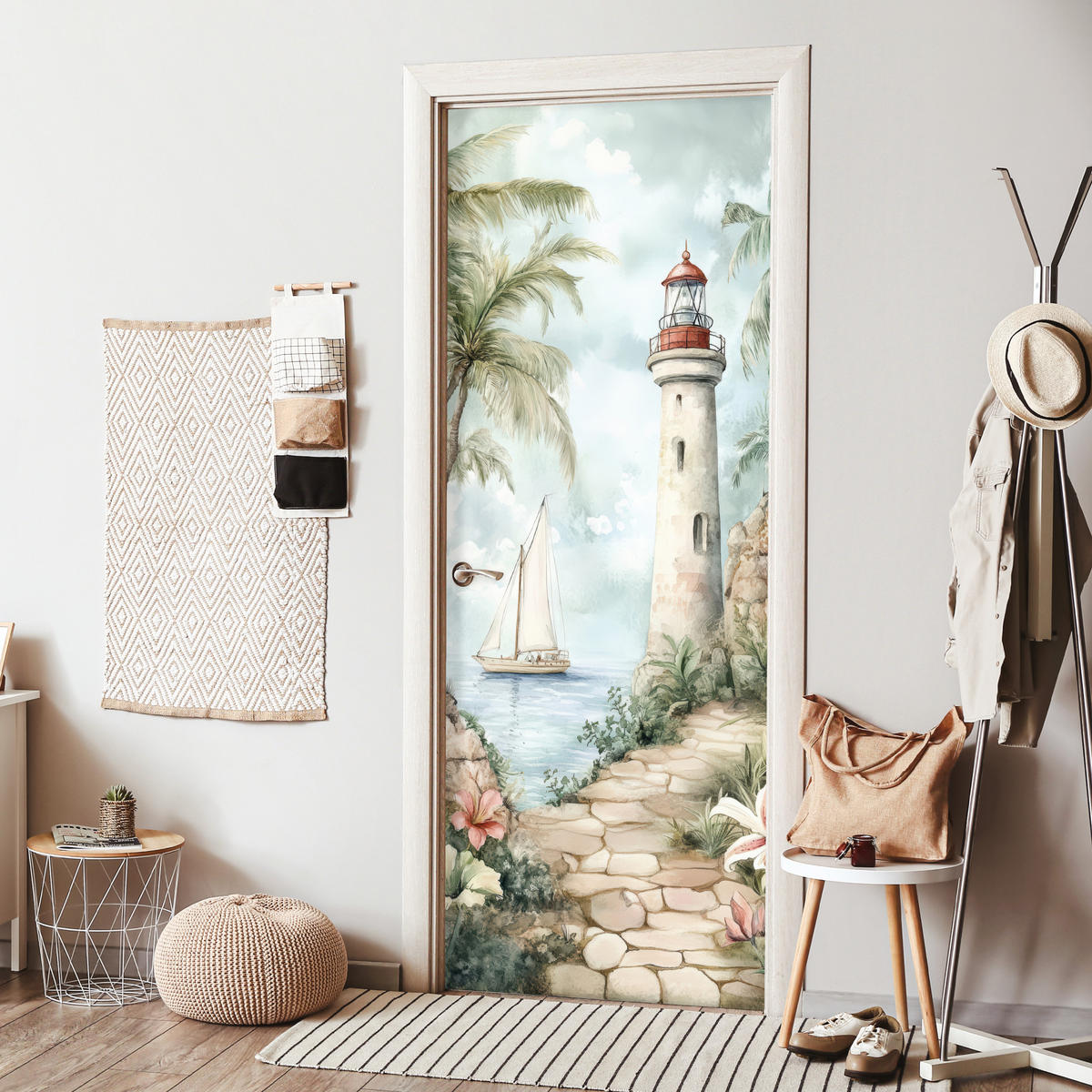 FOTOTAPETE Tür - Leuchtturm - Natur - Landschaft - Boot 95x235 cm - Eichefarben, Kunststoff (95/0.1cm) - MuchoWow