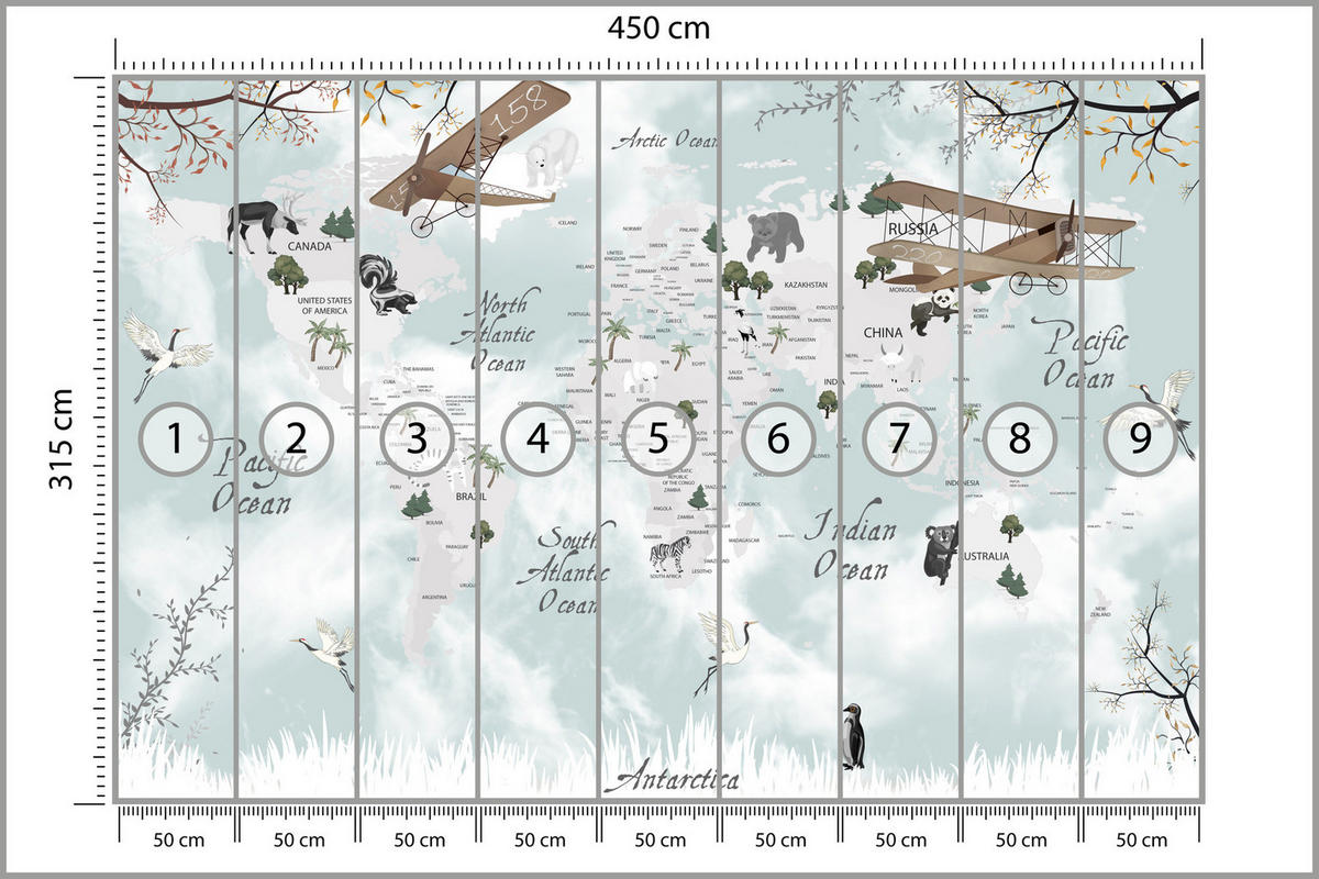 FOTOTAPETE für Kinderzimmer Weltkarte Tiere Flugzeuge Pflanzen 450x315 - Blau/Beige, Papier (450/315cm) - Muralo