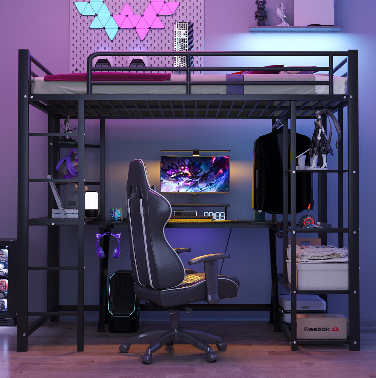 HOCHBETT 90/200 cm aus Metall und MDF mit Schreibtisch und Kleiderstange Schwarz - Schwarz, Metall (90/200cm) - Modenvie