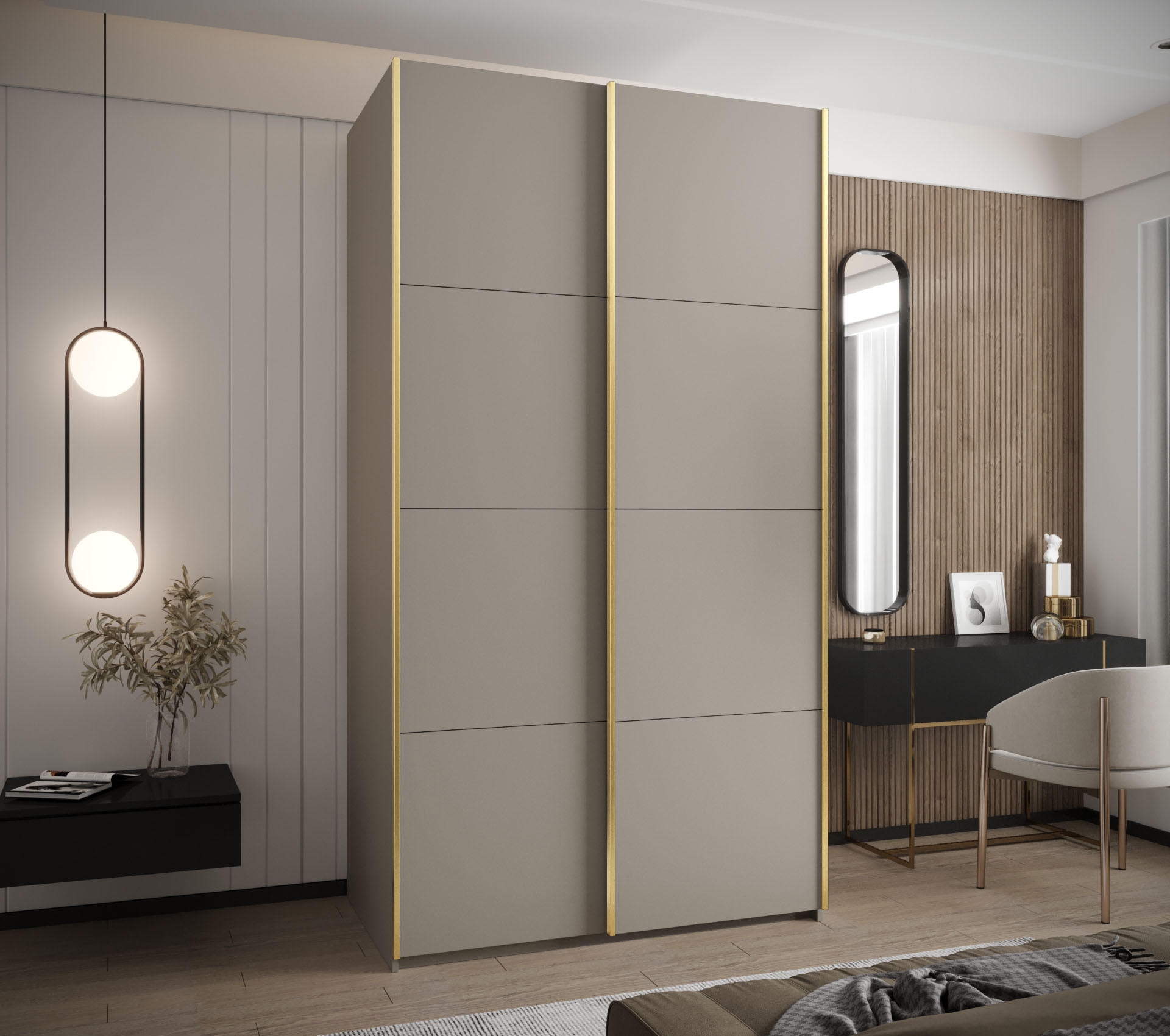 SCHWEBETÜRENSCHRANK 245,5/130/64 2-türig - Kaschmir/Goldfarben, Holz/Metall (130/245/64cm) - Abiks Möbel