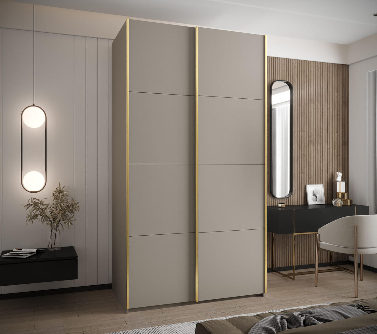 SCHWEBETÜRENSCHRANK 245,5/130/64 2-türig - Kaschmir/Goldfarben, Holz/Metall (130/245/64cm) - Abiks Möbel