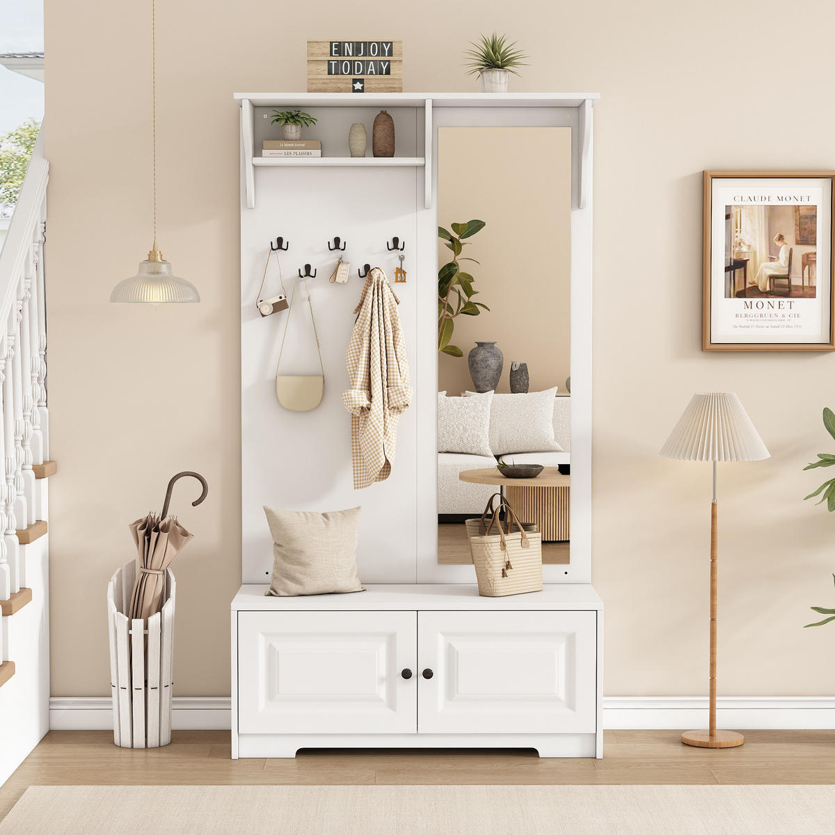 GARDEROBE 100cm Spiegel 5 Haken 2 Schränke Regal Schuhschrank Weiß - Weiß, Holzwerkstoff (40/180/100cm) - FLIEKS