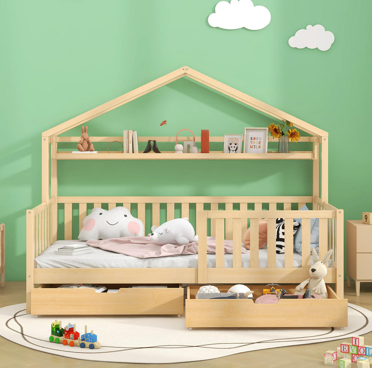 HAUSBETT 90/200 cm aus Kiefer massiv in Natur – mit Schubladen und Rausfallschutz - Naturfarben, Holz (90/200cm) - BEAOK