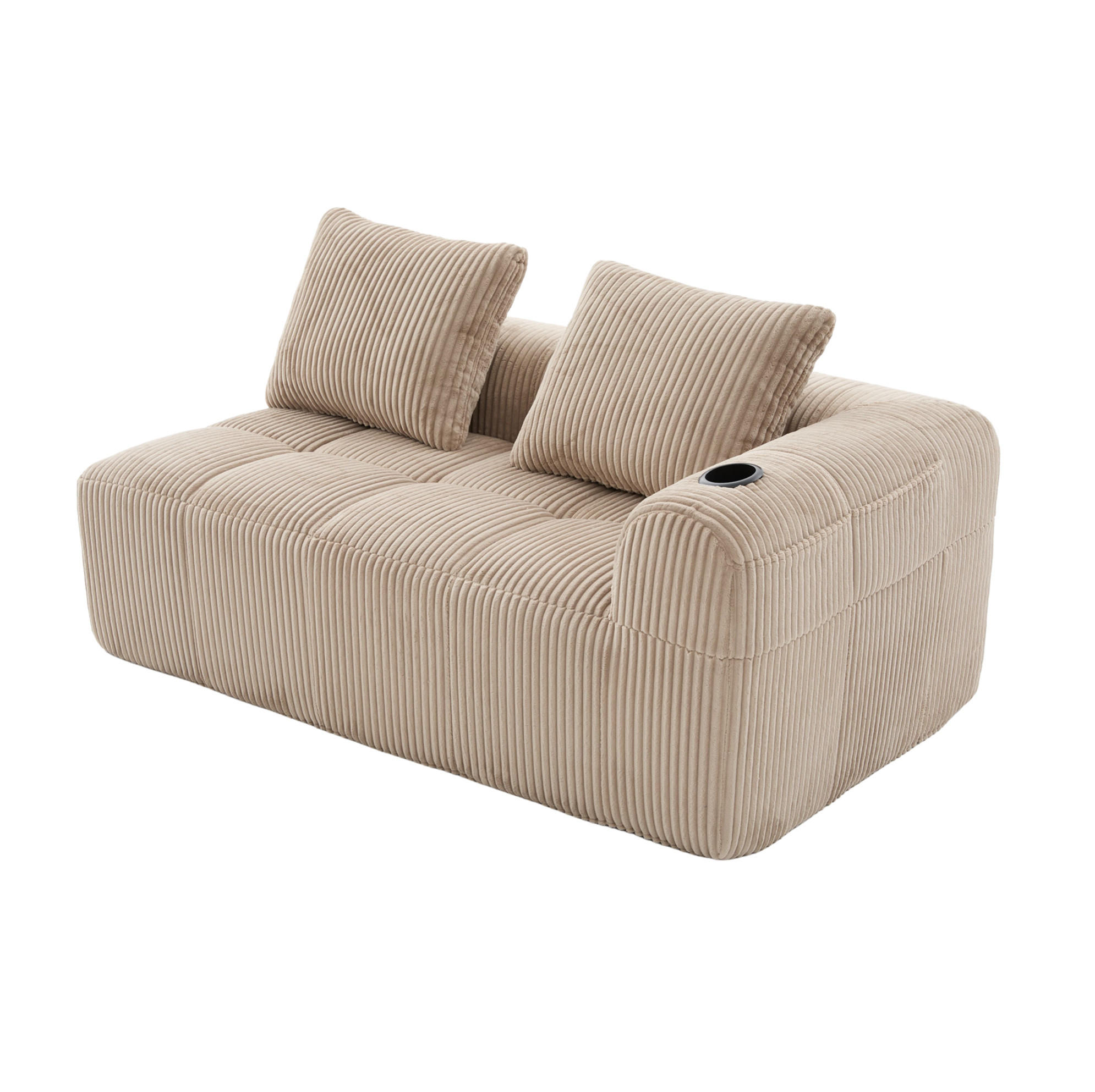 Modfu DVOUMÍSTNÁ pohovka z manšestru 158x93x61 cm khaki s bočními kapsami a držáky na nápoje