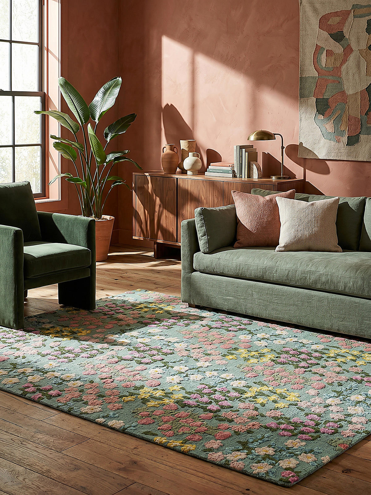 WOLLTEPPICH Floral Muster, Naturmotive, Schlafzimmer Multicolor-Grün Rechteckig 160x230 - Grün, Textil (230/160cm) - KADIMA DESIGN