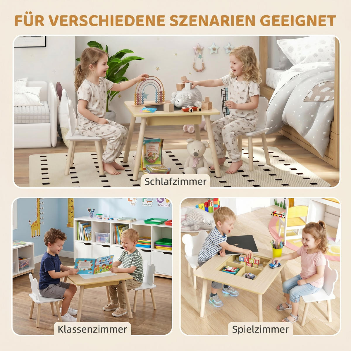 KINDER-TISCH-STUHL-SET 3er Set MDF Naturholz - Weiß/Naturfarben, Holz/Holzwerkstoff (60/44/60cm) - AIYAPLAY