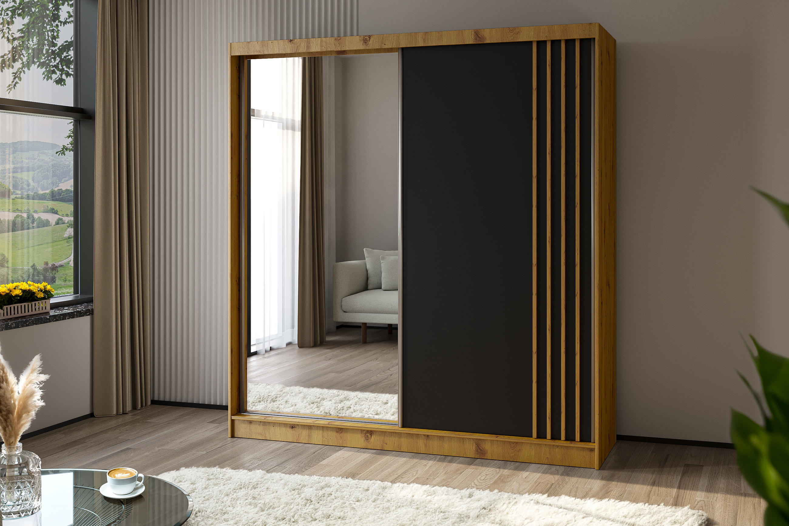 KLEIDERSCHRANK mit Spiegel-Schiebetüren und Aluminium-Leisten - NALLA - 200 cm Artisan+Schwarz+Artisan - Graphitfarben/Eiche Artisan, Holzwerkstoff (200/216/61cm) - ALTDECOR