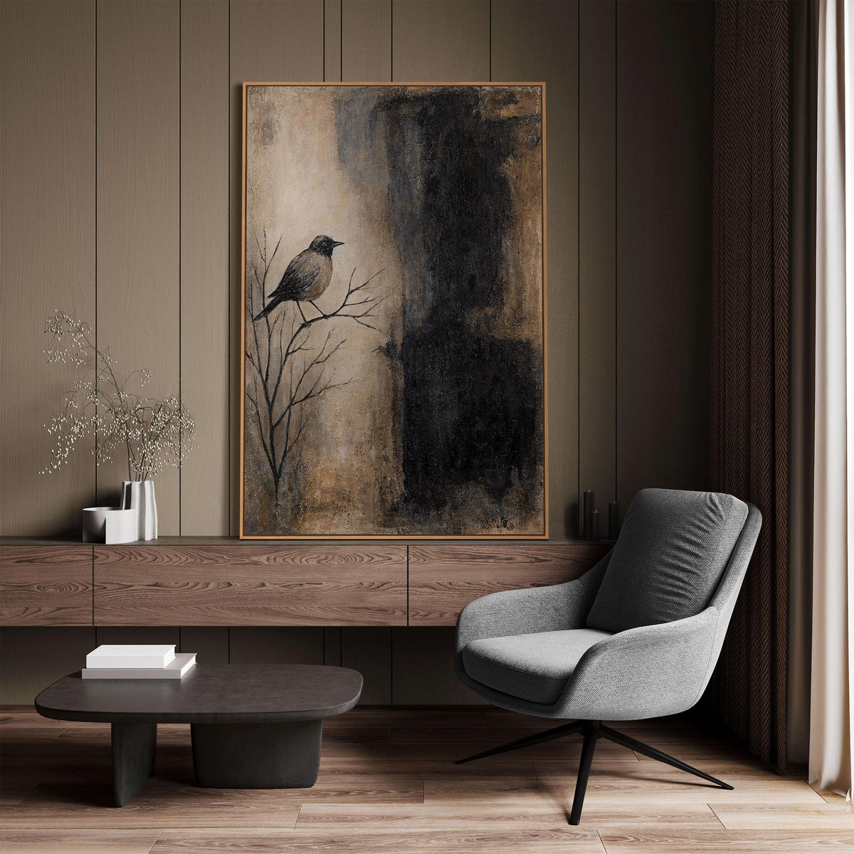 GEMÄLDE Ast und Schatten Schattenfugenrahmen Grau 120x80 cm - Grau, Holz (120/80cm) - YS-art gallery