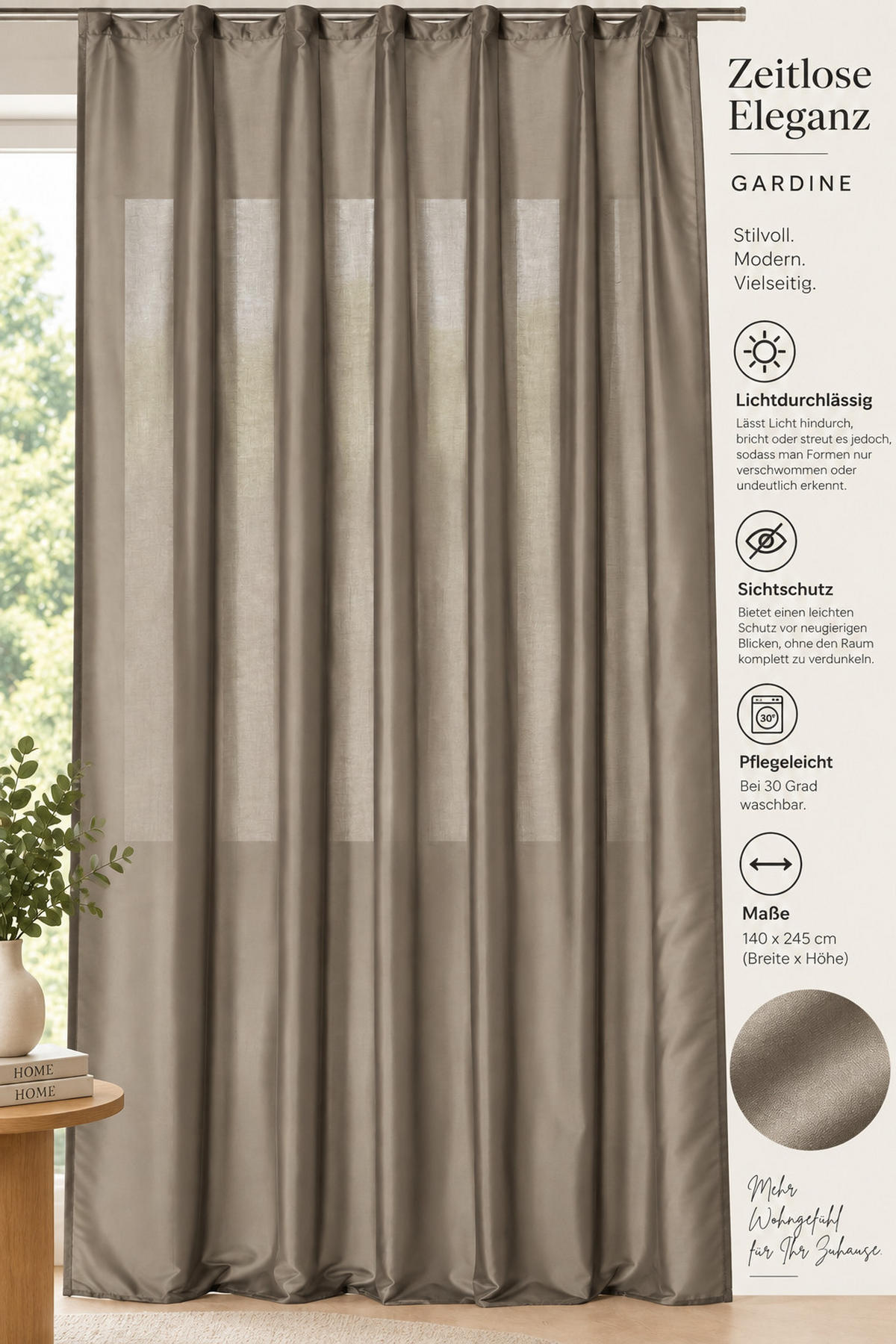 VORHANG Kräuselband 140/245 cm Taupe hell Wildseiden Optik - Graubraun, Textil (140/245cm) - TiborTex