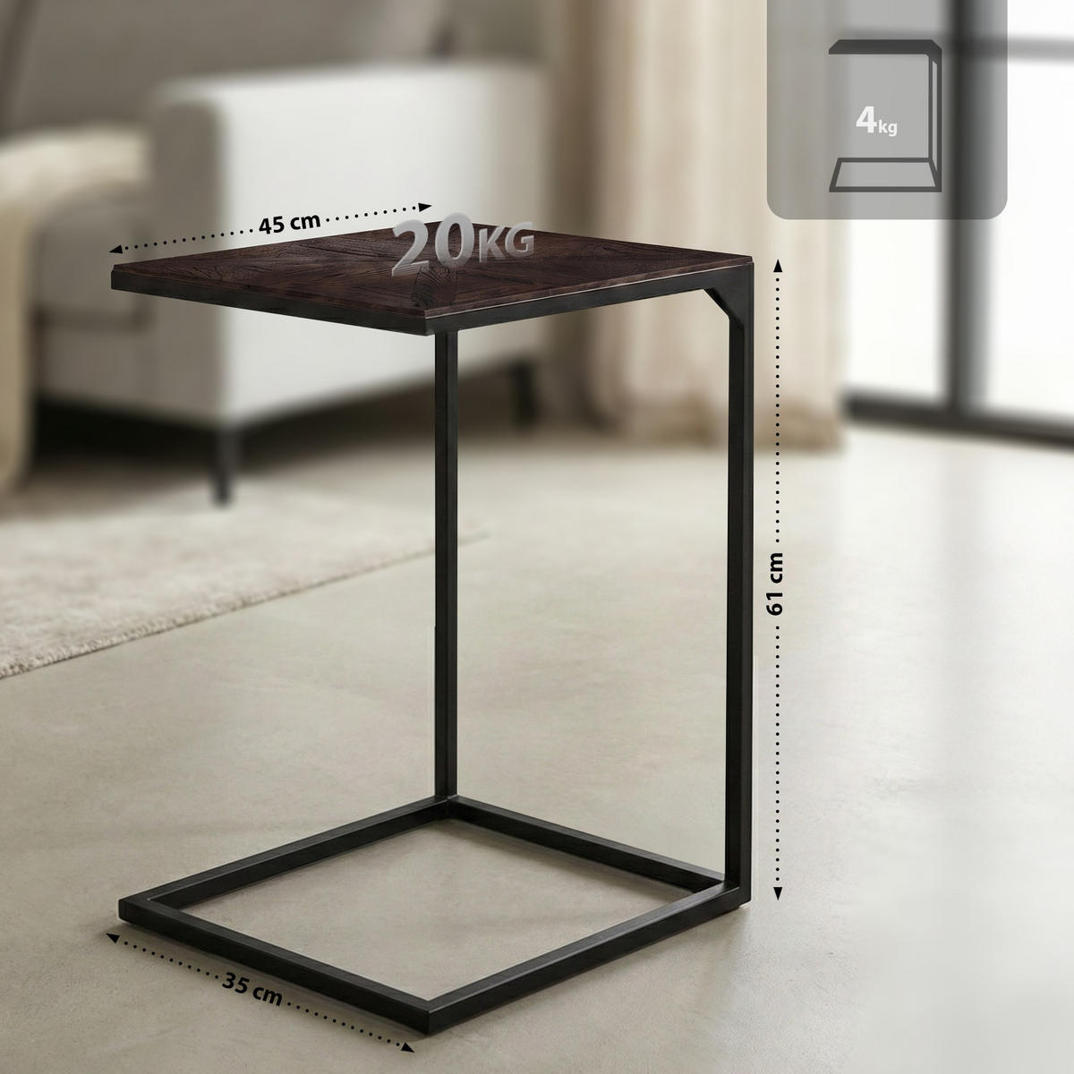 BEISTELLTISCH eckig 45/35/61 cm Holz Braun - Schwarz/Braun, Holz/Metall (35/45/61cm) - CLP