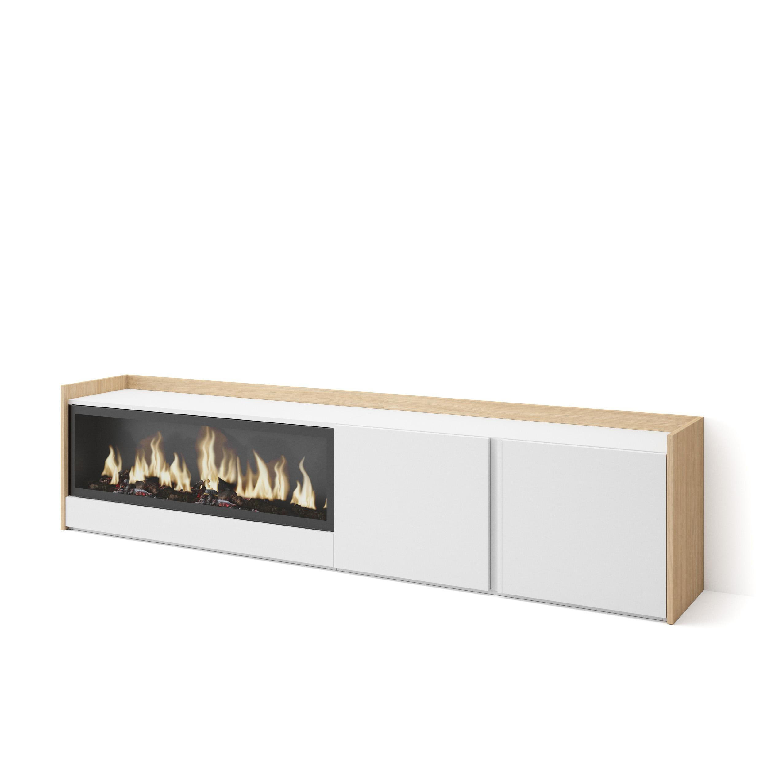 LOWBOARD, Weiß und Eiche, 212/35/50cm, Kamin mit Feuereffekt XXL - Weiß, Holzwerkstoff (212/50/35cm) - Skraut Home