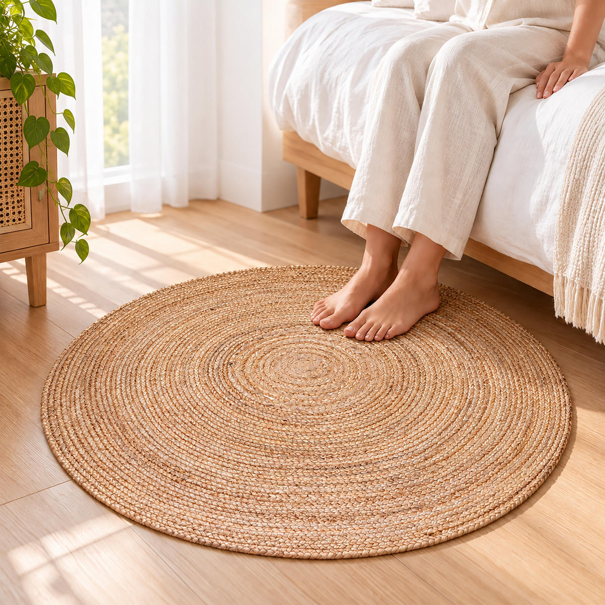 PREPROGA naravna okrogla juta ročno tkana 90 cm - bež, tekstil (90/90cm) - Relaxdays