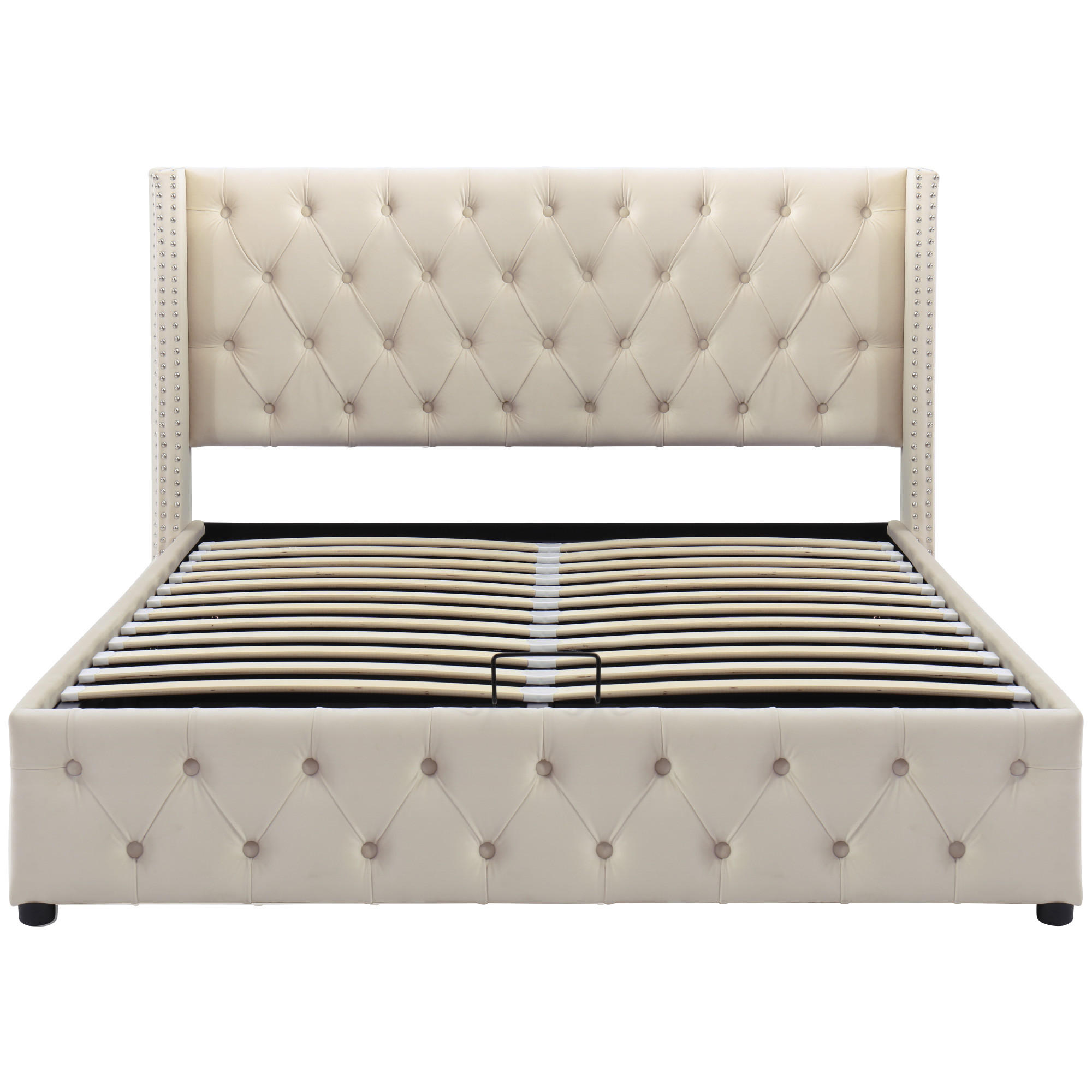 POLSTERBETT 140/200 cm beige mit hydraulischem Bettkasten und Chesterfield-Design - Beige, Textil (140/200cm) - OKWISH