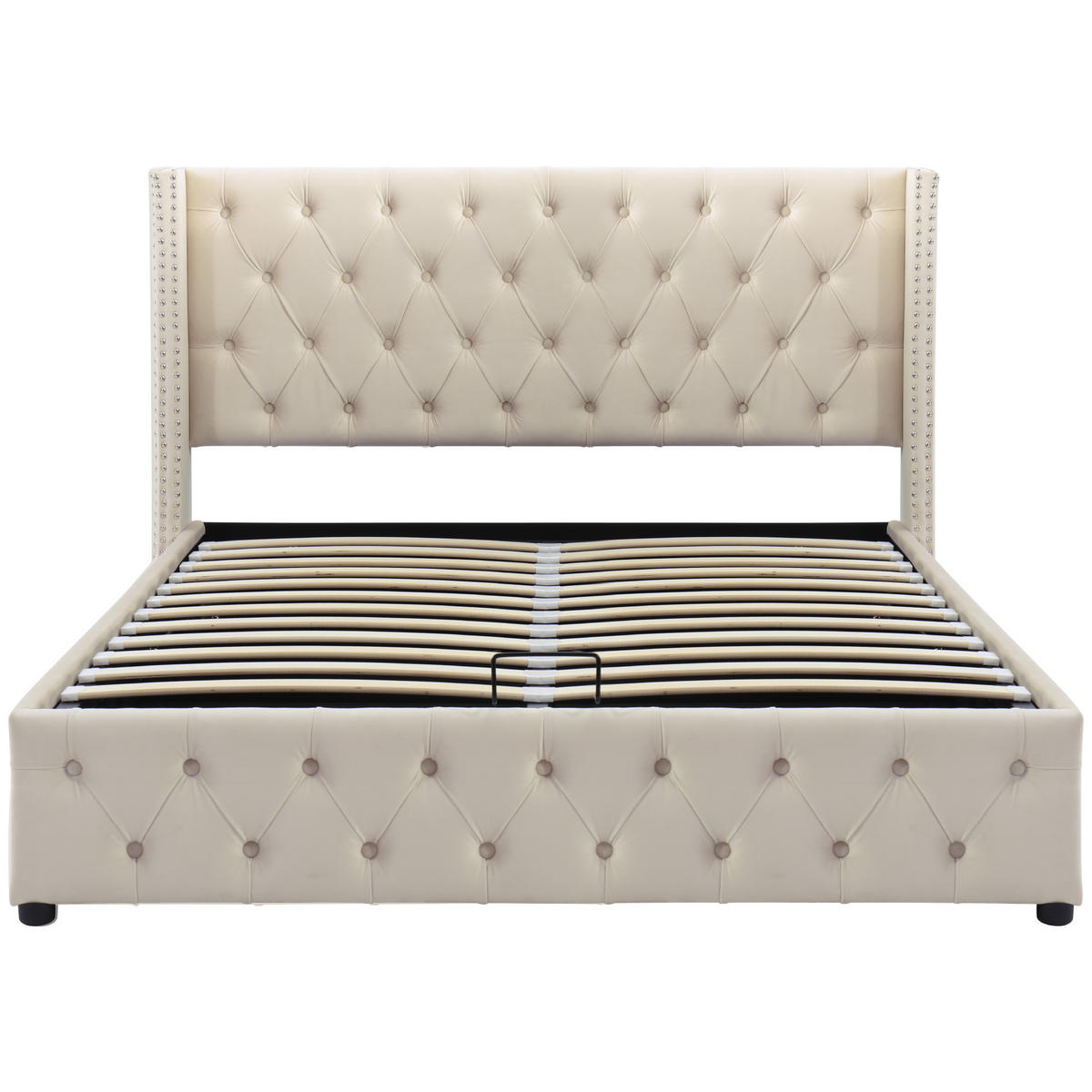 POLSTERBETT 140/200 cm beige mit hydraulischem Bettkasten und Chesterfield-Design - Beige, Textil (140/200cm) - OKWISH