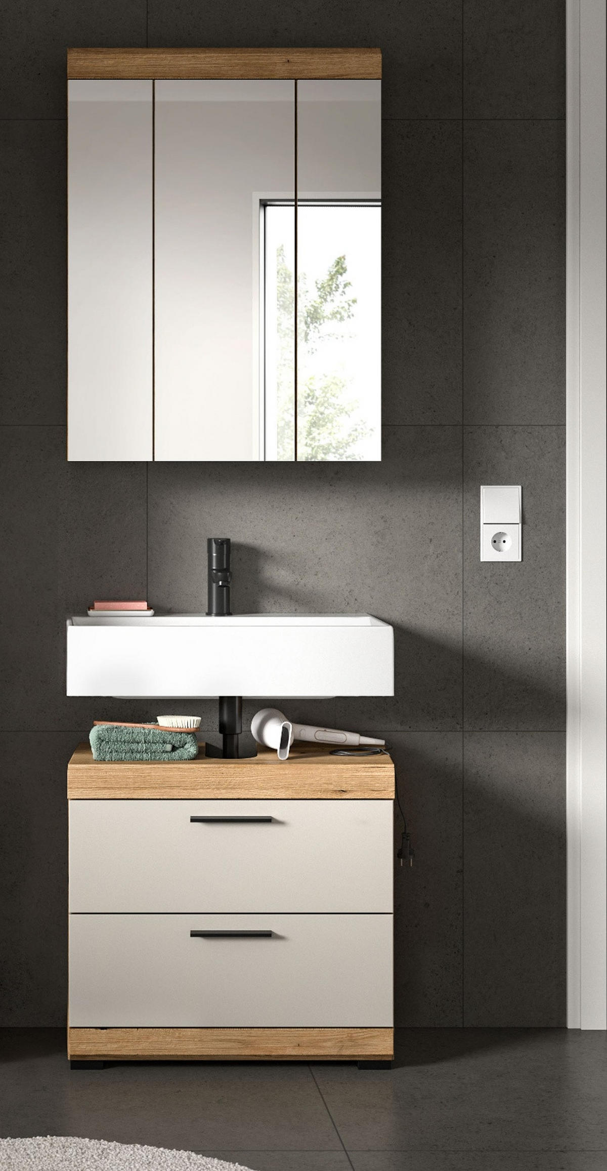 BADEZIMMER Spiegelschrank in Evoke Eiche Badschrank 3-türig 60 x 79 cm Shawn - Eichefarben, Glas/Holzwerkstoff (60/79/18cm) - Inn.Furn