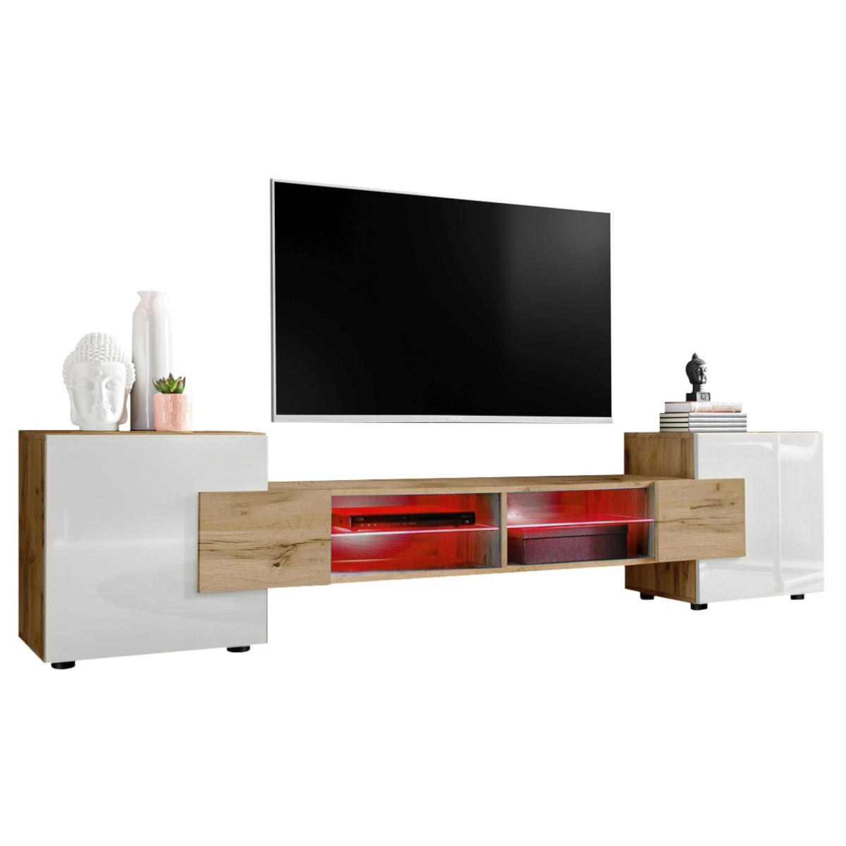 LOWBOARD MERANO Eiche Wotan, LED Beleuchtung Mehrfarbige - Eiche Wotan/Weiß, Glas/Holzwerkstoff (230/52.5/35cm) - Komodee