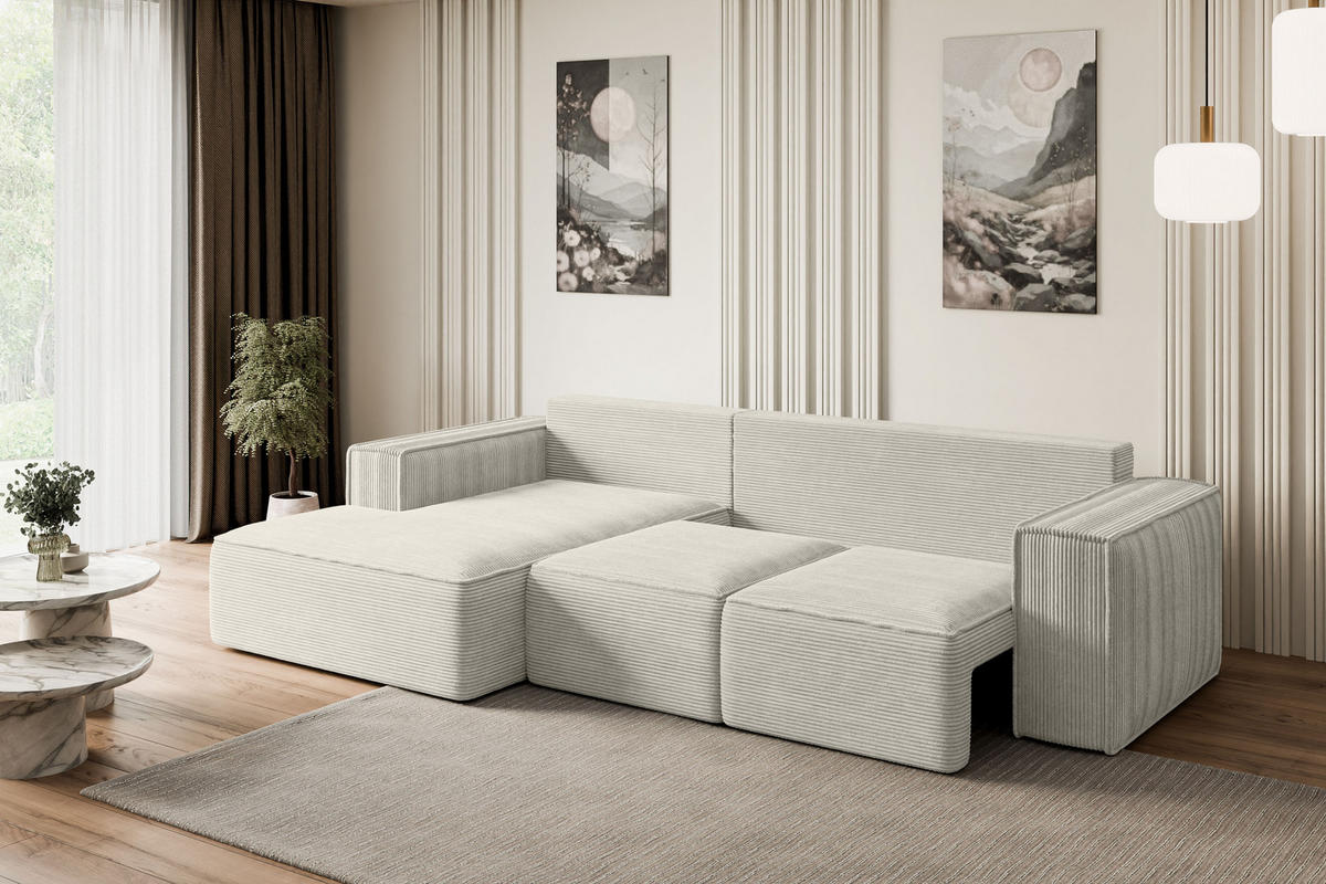 ECKSOFA mit Schlaffunktion und Bettkasten SERRA-L-S - 266x161x87 cm Hellgrau Cord - Hellgrau/Schwarz, Holzwerkstoff/Kunststoff (266/161cm) - ALTDECOR